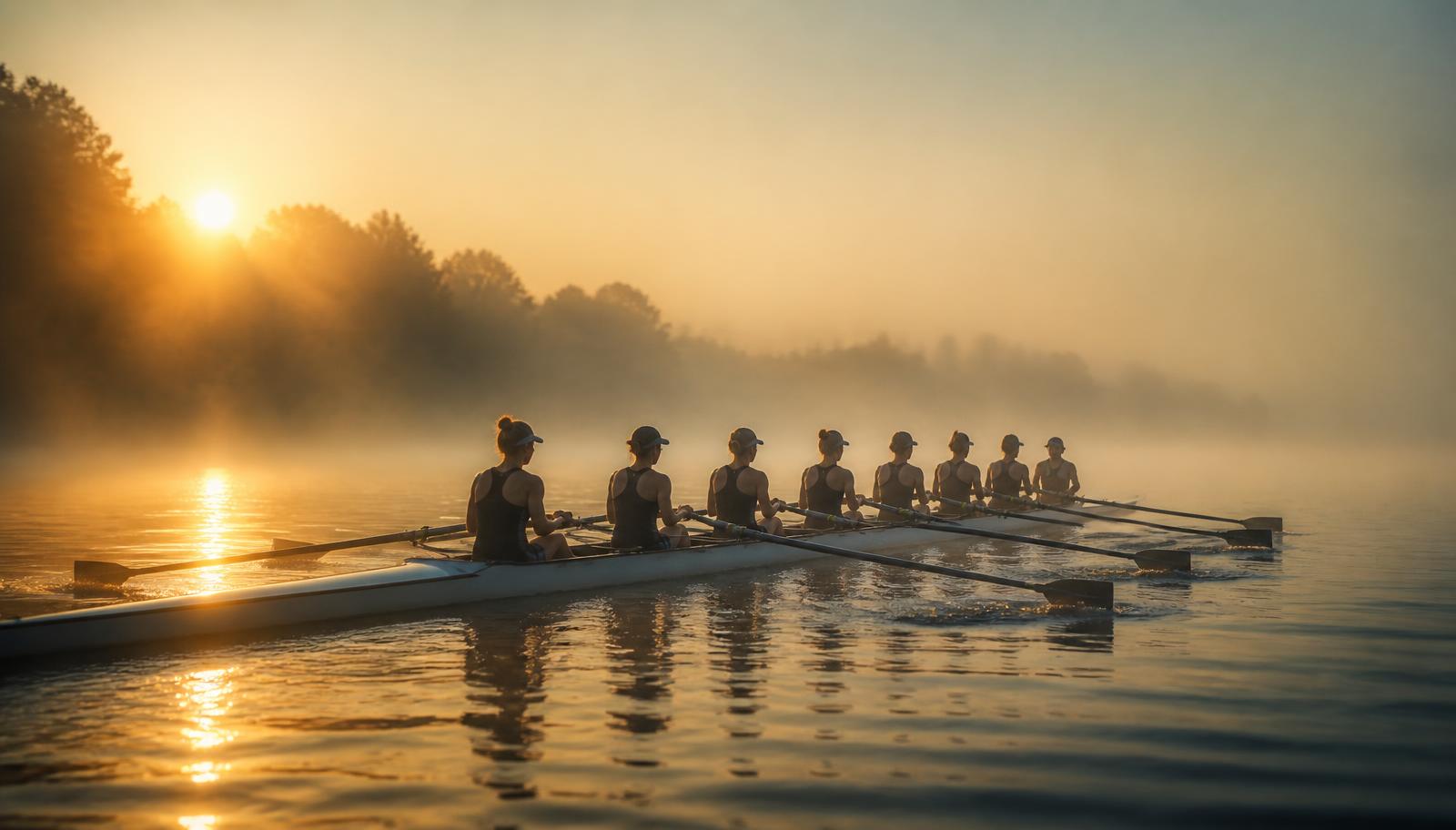 A rowing eight gliding across a misty river at sunrise